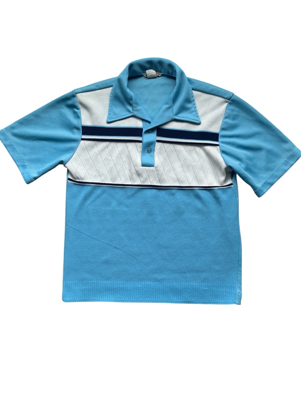 Vintage 1970s Men's Blue & White Diamond Knit Short Sleeve Polo Shirt Size M